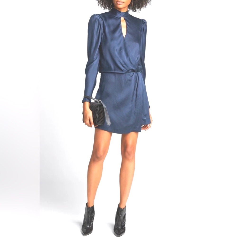 Frame Denim Silk Dress Womens XS Mock Neck Wrap Party Long Sleeve Navy Blue NWT